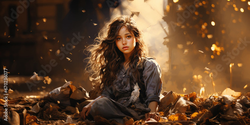 innocent homeless orphan girl over city burned destruction of an aftermath war conflict, earthquake or fire and smoke of world war against children peace innocence as copyspace banner photo