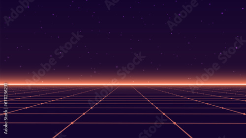 Abstract futuristic background in retro style. Digital perspective grid landscape of the 80s. Wireframe vector blue illustration.