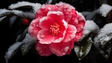 A Celestial Camellia blossom covered in a light dusting of snow, contrasting its vibrant colors with the purity of white.