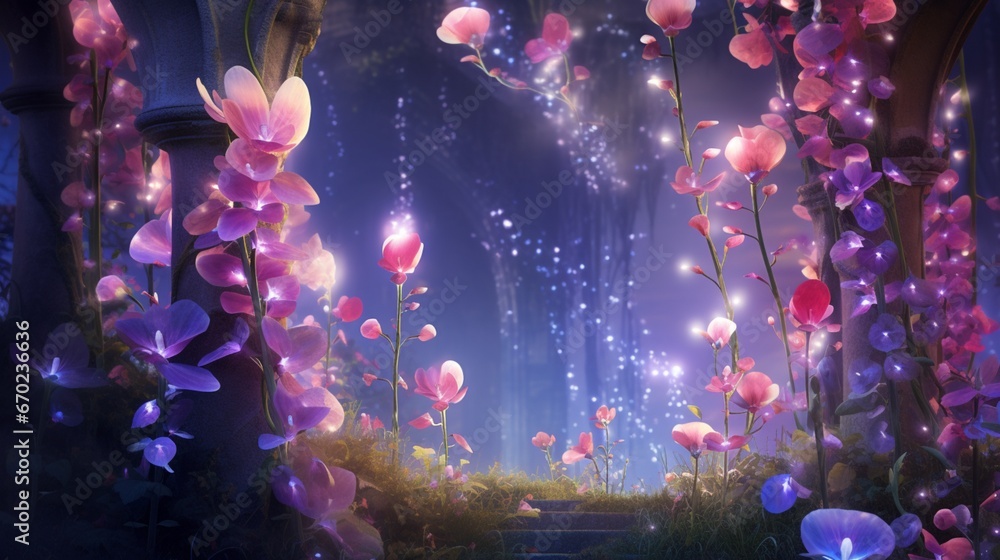 A whimsical garden with Starlight Sweet Pea blossoms, shimmering with a magical aura, all in high-resolution 8K glory.