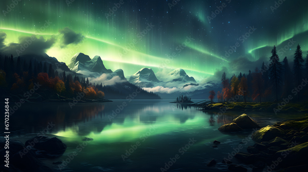 Northern lights over forest, sea, and mountains