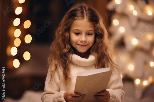 Happy little girl with curly hair holds in hands letter to santa on bokeh lights background at home. Merry Christmas and Happy New Year concept