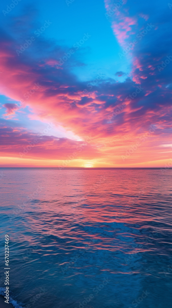 sunset with different colors sky, blue ocean, realistic photograph