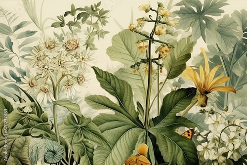 Botanical illustration for printing; interior decor; wall decorations; design cover; wallpaper; line graphic plants. Generative AI