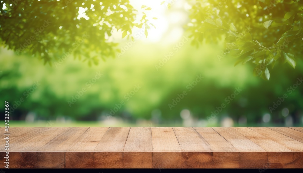 wooden table with ,green  tree and sun ray droplet bokeh for product presentation 
