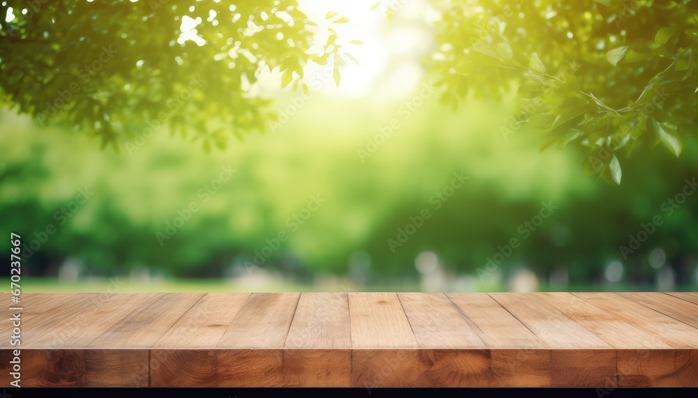 wooden table with ,green tree and sun ray droplet bokeh for product presentation wooden table with ,green tree and sun ray droplet bokeh for product presentation
