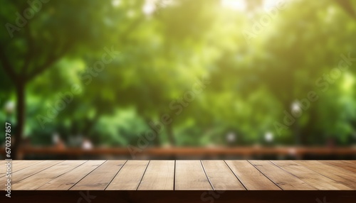 wooden table with ,green tree and sun ray droplet bokeh for product presentation 