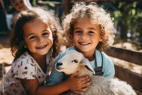 Kinder auf dem Bauernhof streicheln Tier photo