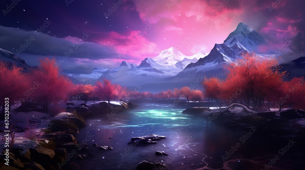 An 8K image capturing the grandeur of the Blossom of Borealis as it casts a spellbinding glow upon a tranquil, untouched wilderness.