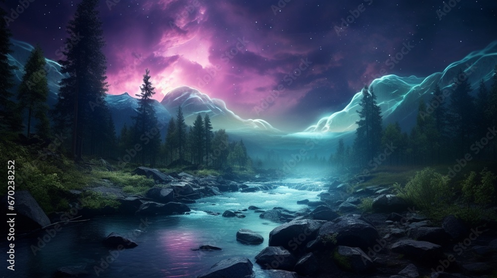 An 8K image capturing the grandeur of the Blossom of Borealis as it casts a spellbinding glow upon a tranquil, untouched wilderness. - obrazy, fototapety, plakaty 