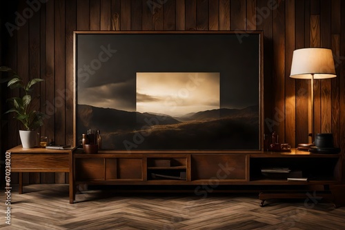 A Canvas Frame for a mockup bathed in the golden hour light, contrasting with the dark wood and leather textures of an old styled TV lounge