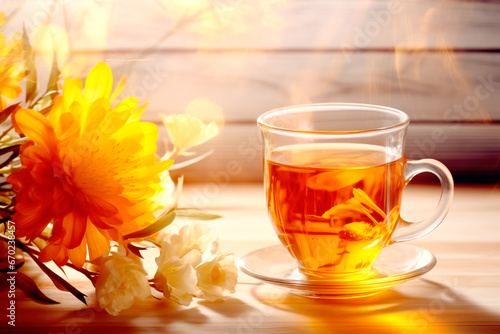 A glass of hot herbal tea on a saucer in a window sill next to a flower, photo
