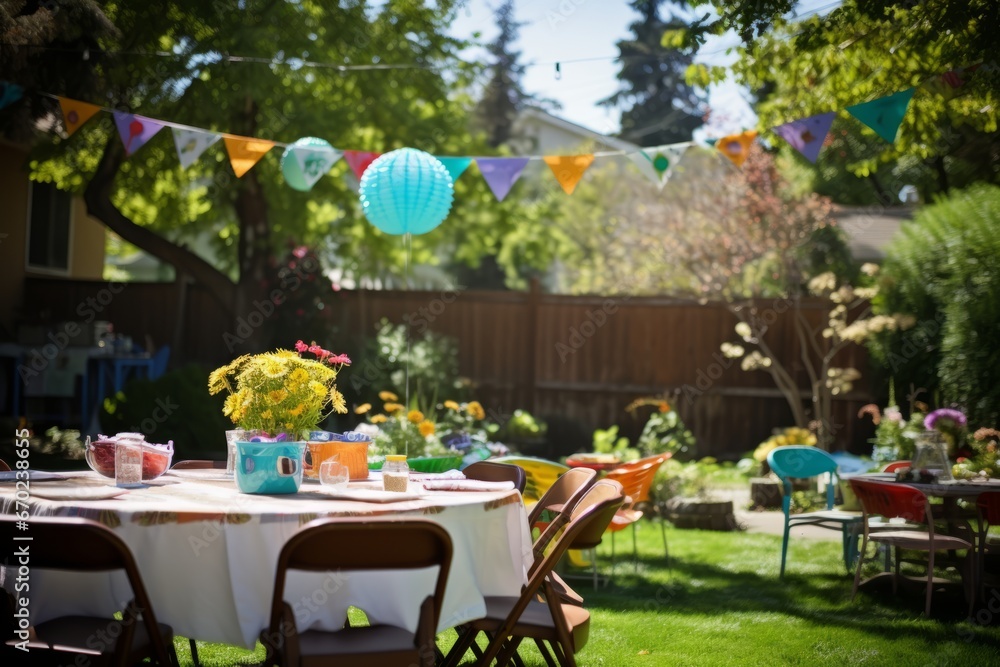 Table set for a birthday party in the backyard of a country house