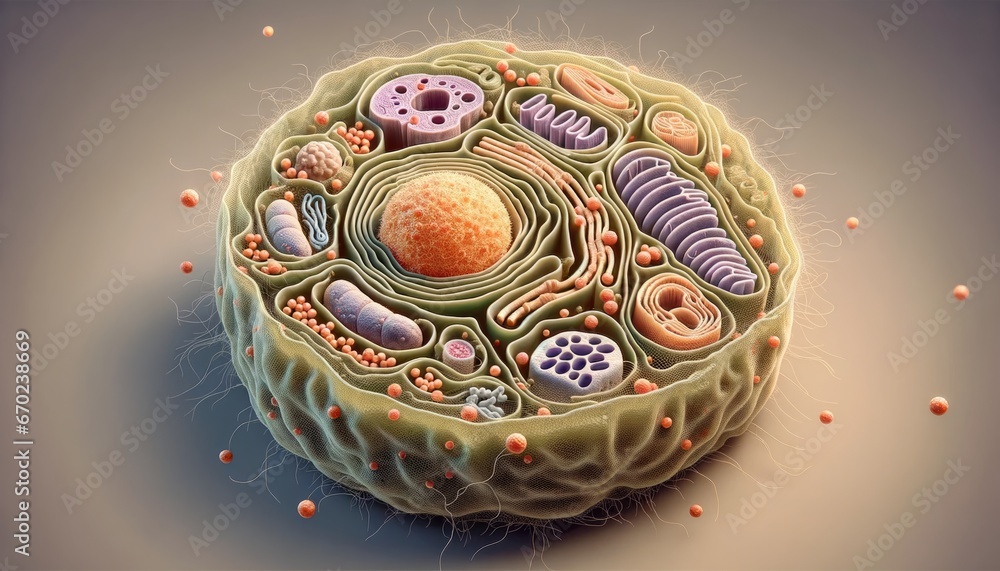 High-resolution 3D render of a eukaryotic cell, showcasing a plethora ...