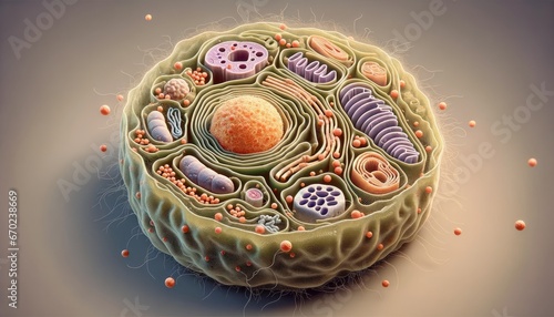 High-resolution 3D render of a eukaryotic cell, showcasing a plethora of cell organelles and structures.  photo