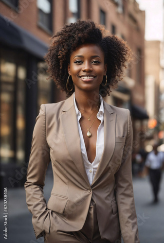 Bellissima donna di origini africane con capelli ricci in una strada di una città con un vestito elegante