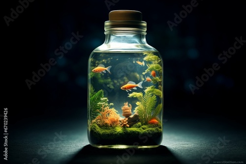 Bottle with underwater world, dark background. Bottle with ecosystem inside, representing environmental pollution. Fish tank with small fish. Generative AI