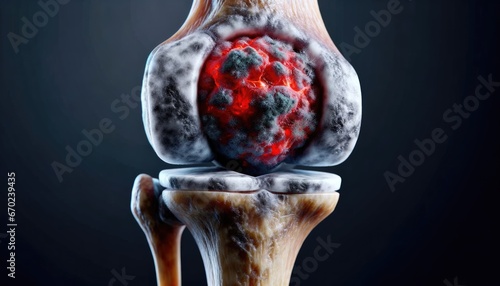 Knee joint affected by rheumatoid arthritis. The graphic details inflammation, synovial fluid buildup, and the proliferation of foreign entities, symbolizing the disease's destructive nature. photo