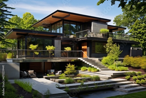 Beautiful modern sustainable residence. Generative AI