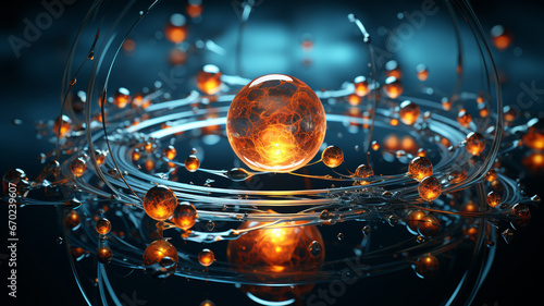 Abstract background with interconnected spheres, action on a molecular or quantum level.