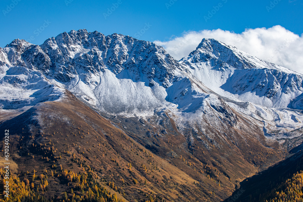 Amazing view over snow covered mountains with first snow in October. Near Davos, Switzerland
