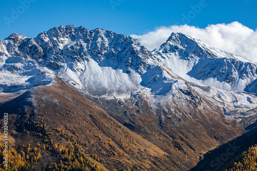 Amazing view over snow covered mountains with first snow in October. Near Davos  Switzerland