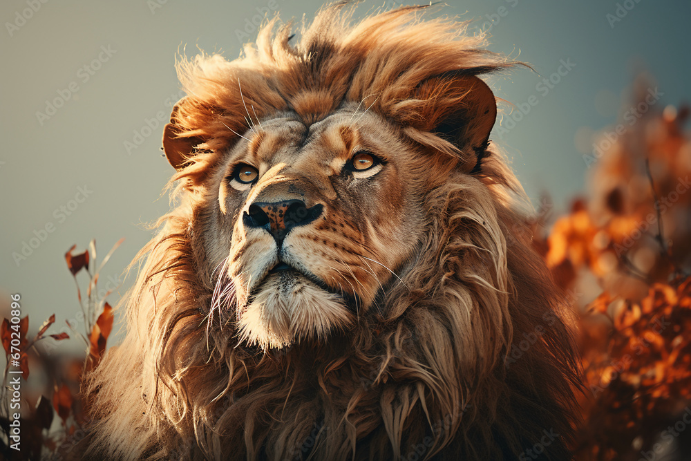 Double exposure professional portrait, lion head in profile fills the frame. AI generative