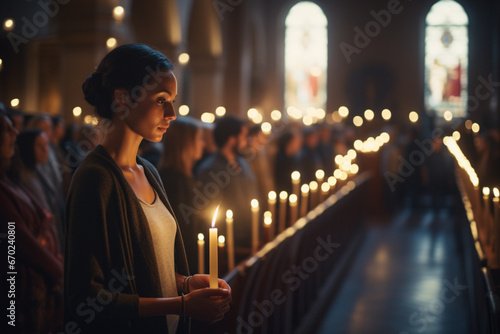 A girl holding candle in the hand in the church 