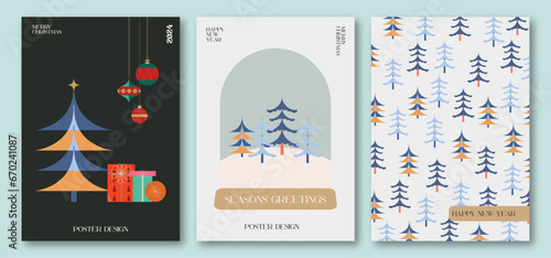 Merry Christmas and Happy New Year greeting card set. Modern Xmas design with typography, gifts, balls, christmas tree pattern. illustration concept for invitation, poster, cover, banner, social media