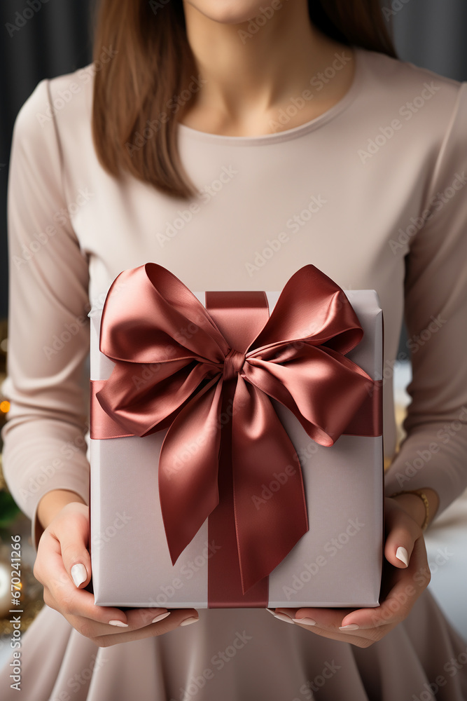 Female hands with festive minimalistic manicure tie a bow on a white gift box, Surprise preparation. Christmas Eve, Xmas and New Year postcard, Black Friday sales, Birthday celebration. AI generative Female hands with festive minimalistic manicure tie a bow on a white gift box, Surprise preparation. Christmas Eve, Xmas and New Year postcard, Black Friday sales, Birthday celebration. AI generative