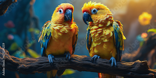 colorful parrots sitting on a branch 
