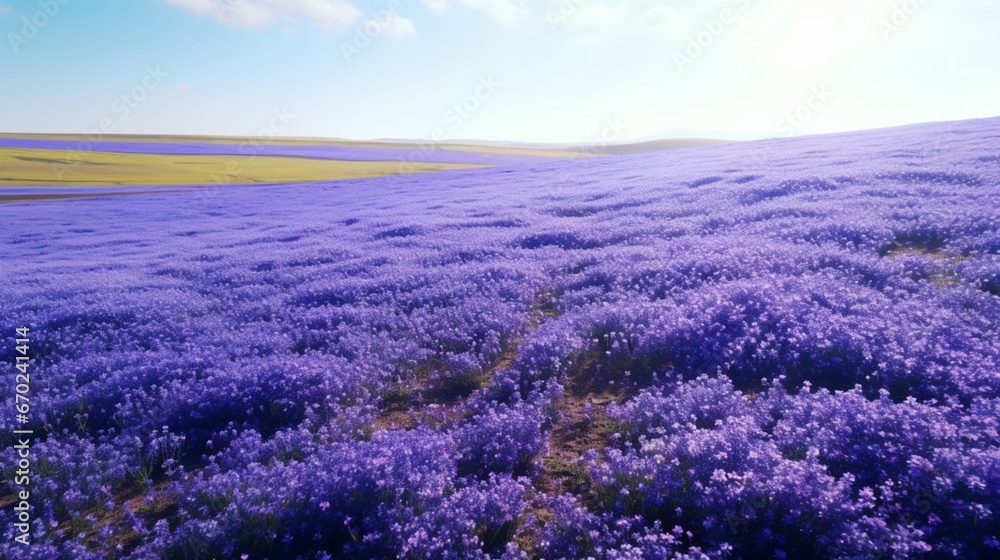 An aerial view of a Gemstone Gentian field, resembling a breathtaking blue and purple carpet stretching to the horizon.