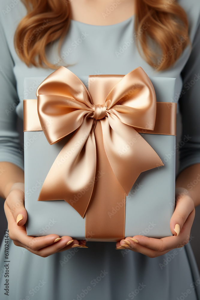 Female hands with festive minimalistic manicure tie a bow on a white gift box, Surprise preparation. Christmas Eve, Xmas and New Year postcard, Black Friday sales, Birthday celebration. AI generative Female hands with festive minimalistic manicure tie a bow on a white gift box, Surprise preparation. Christmas Eve, Xmas and New Year postcard, Black Friday sales, Birthday celebration. AI generative