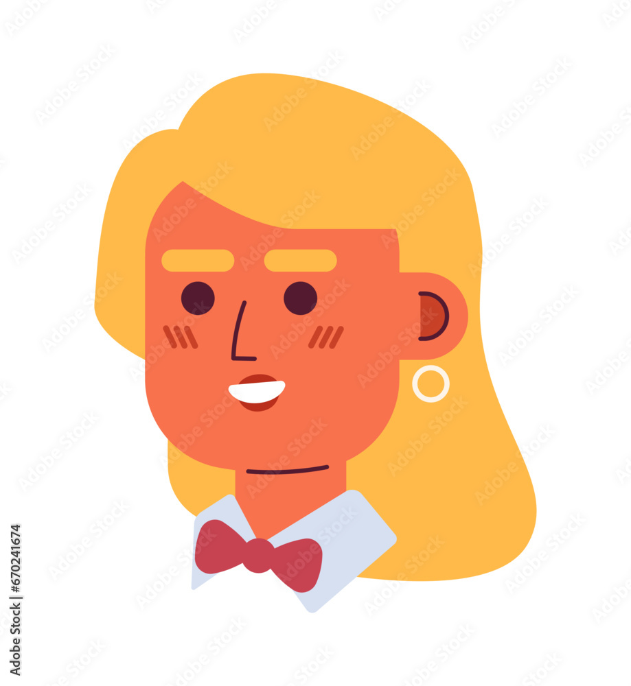 Caucasian waitress bow-tie 2D vector avatar illustration. Young adult hostess restaurant cartoon character face portrait. Server female flat color user profile image isolated on white background Caucasian waitress bow-tie 2D vector avatar illustration. Young adult hostess restaurant cartoon character face portrait. Server female flat color user profile image isolated on white background