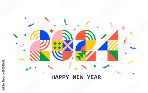 2024 New Year banner with numbers from simple geometric shapes and figures inside confetti. Template for greeting card, invitation, poster, flyer, web.Vector illustration isolated on white background.