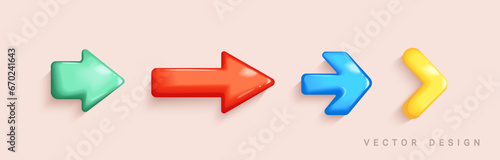 Set of arrows pointing right. Realistic 3d different colors isolated icons. Plastic cartoon style. Shiny 3d glass icons. Symbols for app, web and music digital illustration design.Vector illustration.