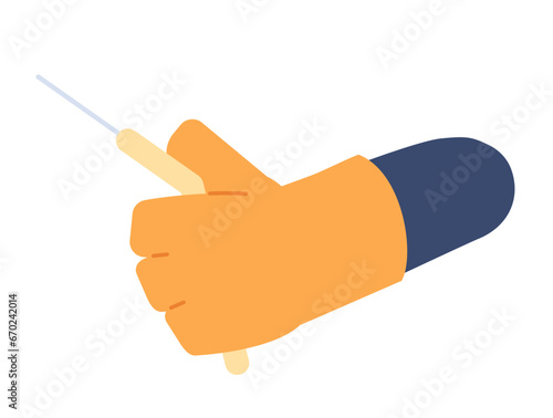 Holding welding torch cartoon character hand illustration. Welding machine gun 2D vector image isolated on white background. Fume extraction hand held equipment editable flat clipart color