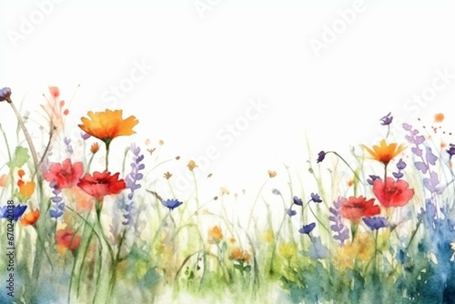 Summer meadow with lovely watercolor flower border on white background for cards, banners, or designs. Generative AI