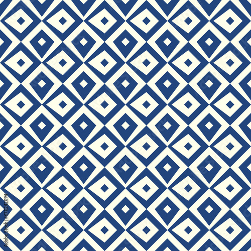 Repeated navy figures on white background. Ethnic wallpaper. Seamless surface pattern design with rhombuses ornament. Diamonds motif. Digital paper for textile print, web designing. Vector art