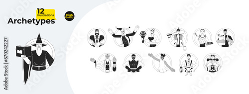 12 archetypes in society black and white cartoon flat illustration bundle. Archetypal 2D lineart characters isolated. Innate potentials diversity people monochrome vector outline image collection