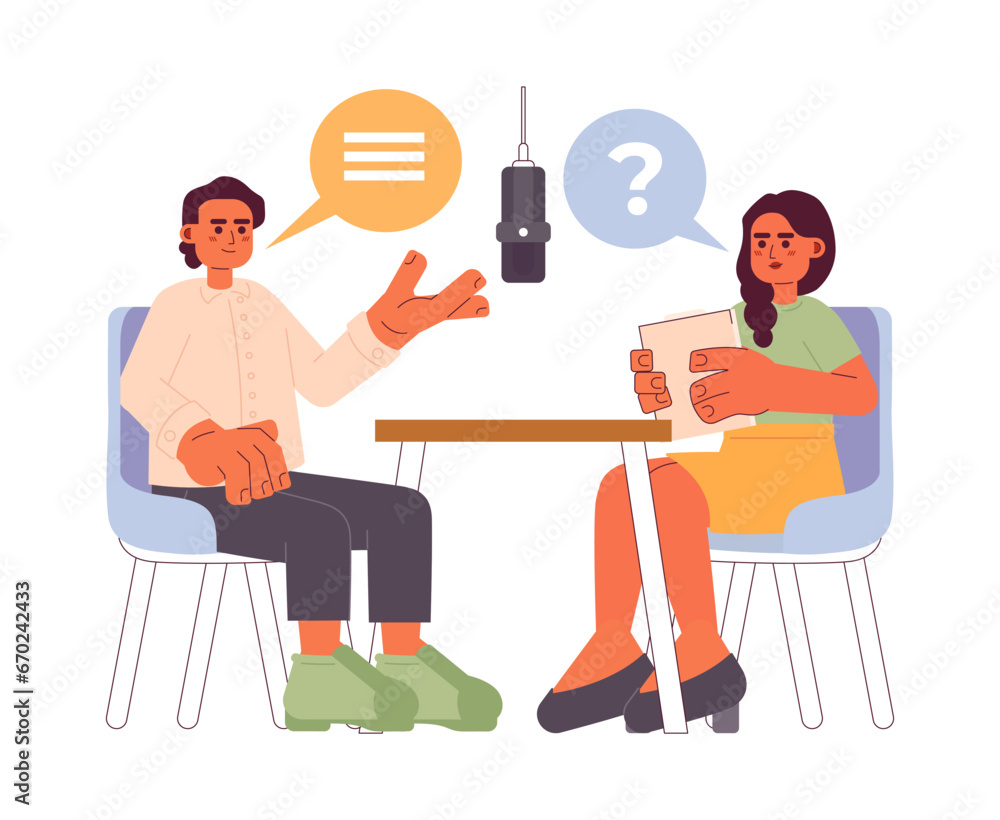 Interview podcast cartoon flat illustration. Indian young adult woman interviewer asking question interviewee man 2D characters isolated on white background. Host guest talks scene vector color image