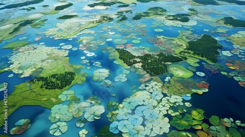 An aerial view of a vast pond covered in Opal Lotuses, forming a breathtaking natural mosaic of colors and shapes. © Anmol