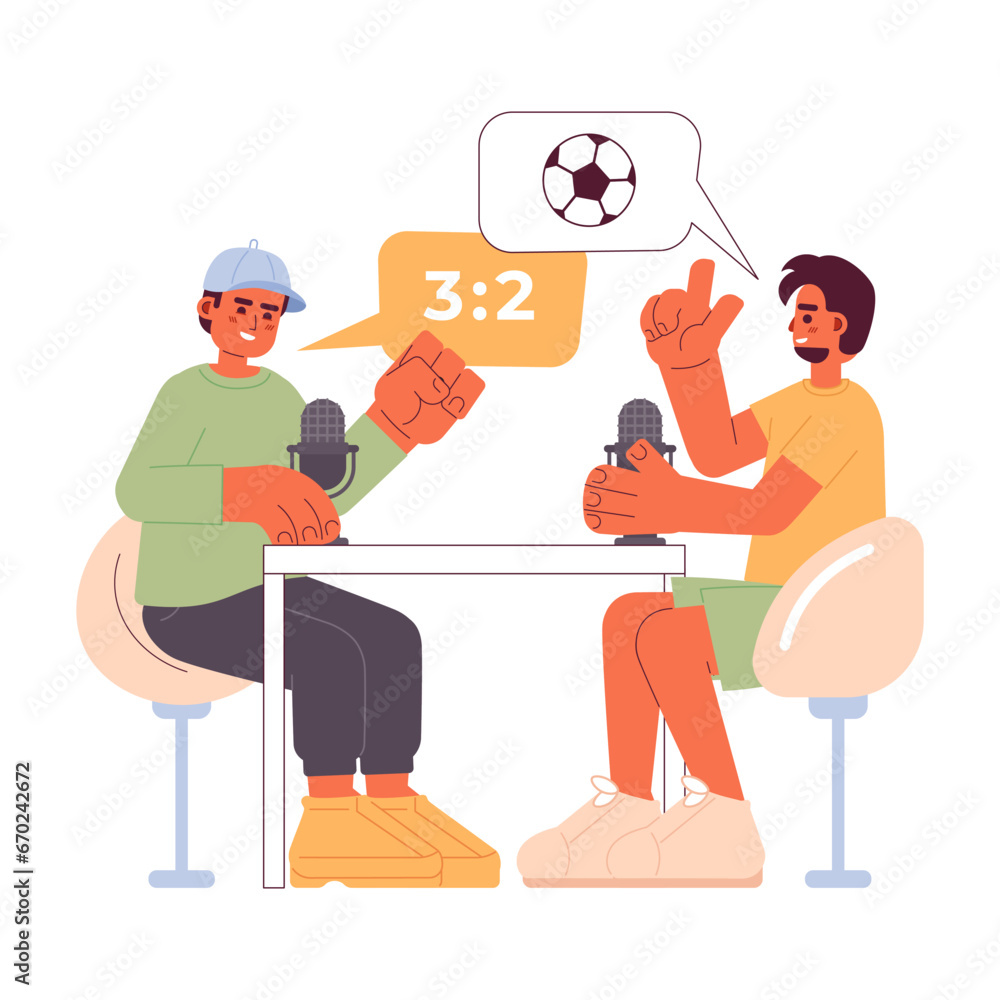 Fototapeta premium Football commentary podcast cartoon flat illustration. Sports commentators men 2D characters isolated on white background. Soccer podcasters speaking into microphones scene vector color image