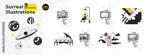 Surreal retro black and white 2D illustration concepts bundle. Eyeball planets, watch television isolated cartoon outline scenes collection. Surrealism vintage metaphor monochrome vector art