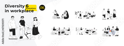 Inclusion in workplace black and white cartoon flat illustration bundle. Diverse multiracial office workers linear 2D characters isolated. Coffee break, meeting monochromatic vector image collection