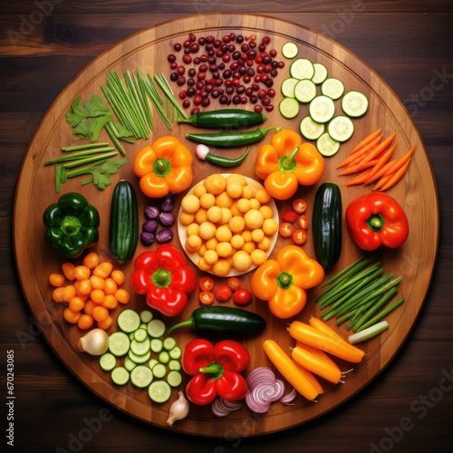 A wooden plate topped with lots of different types of vegetables. Generative AI.
