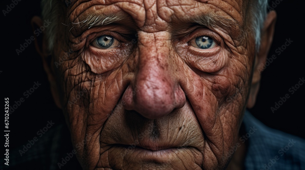 A powerful portrait of an elderly person, capturing the wrinkles, texture of the skin, and expressive eyes that tell a story of a lifetime, in high resolution and natural lighting