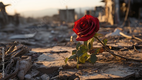 Red rose on the ruins for innocent victims of war