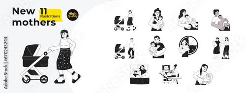 Fatherhood motherhood black and white cartoon flat illustration bundle. Diverse mother infant  father baby linear 2D characters isolated. Newborn care  pregnancy monochromatic vector image collection