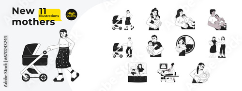 Fatherhood motherhood black and white cartoon flat illustration bundle. Diverse mother infant, father baby linear 2D characters isolated. Newborn care, pregnancy monochromatic vector image collection